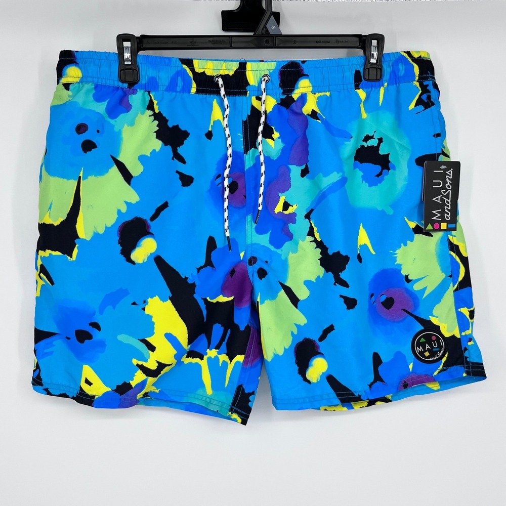 Maui and Sons Pool Shorts Mens 3XL Ocean Blue Abstract Floral Ultra-Lightweight